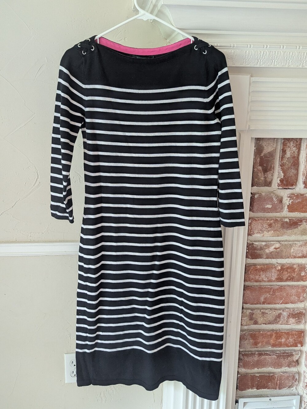 Lauren Ralph Lauren Black and White Striped Midi Dress with Pink Neckline Trim
